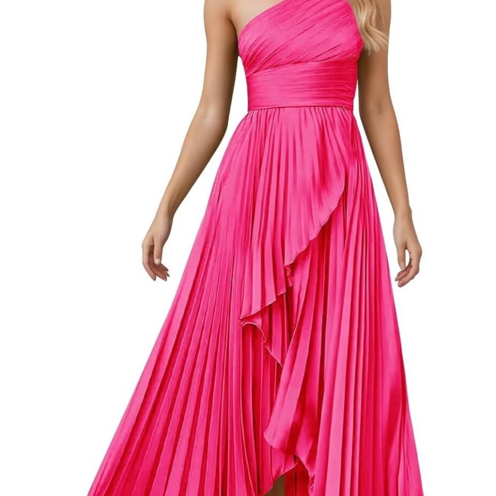 One-Shoulder Hot Pink Pleated Evening Dress